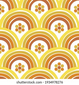 Honey rainbow vector seamless pattern. Honey-hued arc honeycomb shapes abstract geometric surface print design.