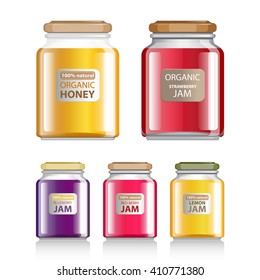 Honey. Raspberry, Strawberry, Cherry, Lemon, Blueberry jam. Sweet marmalade, canned fruits. Homemade preserves. Glass Bottle set.