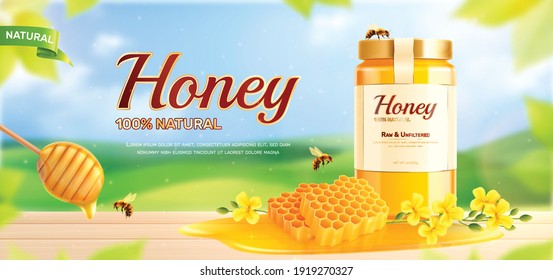 Honey realistic advertising composition with summer field landscape background and branded glass can with editable text vector illustration