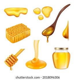 Honey realistic. Yellow beeswax insects healthy liquid products organic food jars beekiping equipment decent vector illustrations