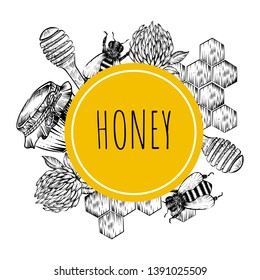 Honey and relating stuff banner, vector, engraving style