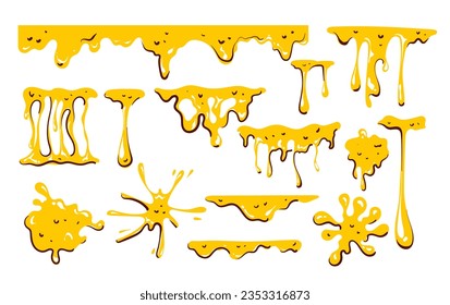 Salsa de miel goteo gota líquido de flujo amarillo derretido aislado conjunto. Ilustración de diseño gráfico plano vectorial