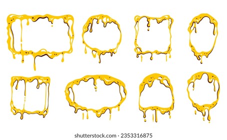 Honey sauce drip drop yellow flow liquid melt isolated set. Vector flat graphic design illustration