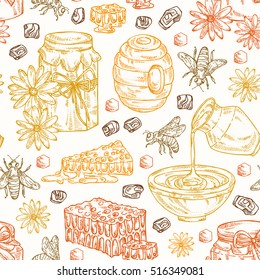 Honey seamless with a jar of honey, a bee, hive, flower and honeycomb. hand drawn.