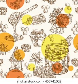 Honey seamless with a jar of honey, linden flower and honeycomb with a bee, hand drawn