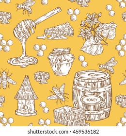 Honey seamless with a jar of honey, linden flower and honeycomb with a bee, hand drawn