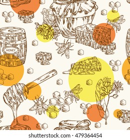 Honey seamless with a jar of honey, linden flower and honeycomb with a bee, hand drawn