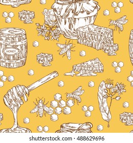 Honey seamless with a jar of honey, linden flower and honeycomb with a bee, hand drawn