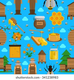 Honey seamless pattern with apiary dishes with honey and bees on blue background flat isolated vector illustration 