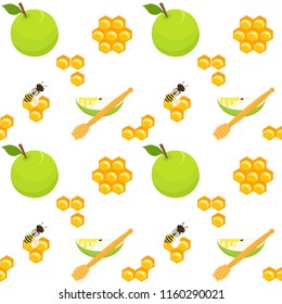 Honey seamless pattern with apples, honeycomb, honey dippers, bees and apple slices, holiday symbols, Harvest festival, Honey festival, holiday of Rosh Hashanah