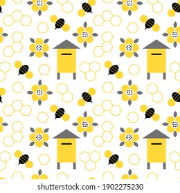 Honey seamless pattern with bee, flowers, beehive, honeycomb isolated on white background. Vector flat illustration. Design for wallpaper, wrapping, backdrop, textile, fabric