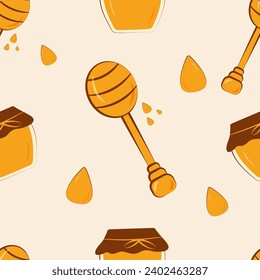 Honey seamless pattern. Beekeeping background. Vector jar of honey, with drops and a spoon of honey. For textiles, wrapping paper, wallpaper.