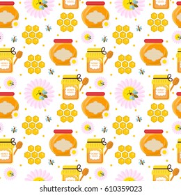 Honey seamless pattern. Beekeeping endless background, texture. Vector illustration