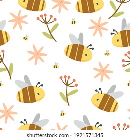 Honig nahtloses Muster mit Bienen und Blumen im süßen Cartoon-Stil. Vektorgrafik. Muster mit Bienen und Blumen auf weißem Hintergrund.