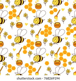 Honey seamless pattern with bees, honey and flowers. Vector background with funny insects in style doodle.