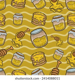 Honey Seamless Pattern in Cartoon Style. Perfect For Background, Backdrop, Wallpaper and Cover Packaging. Vector Illustration.