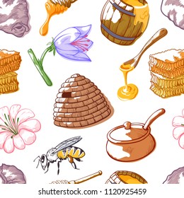 Honey seamless pattern. Collection of hives, bee collects nectar and pollen, produces wax and honey picture. Vector illustration on white background