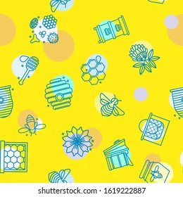 Honey seamless pattern with cute flying bees, hexagon comb, flowers, beehive. Texture background for wallpaper, Honey textile, food packaging, fabric template. Vector.