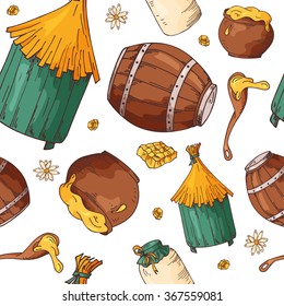 Honey seamless pattern. Design with apiary sketch elements. Vector background