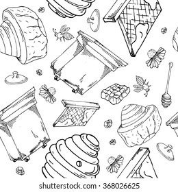 Honey seamless pattern. Design with apiary sketch elements. Vector background