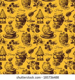 Honey seamless pattern with hand drawn sketch illustration