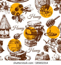 Honey seamless pattern with hand drawn sketch illustration