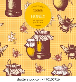Honey seamless pattern ink hand drawn sketch illustration 