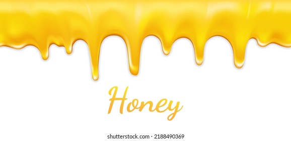 Honey seamless pattern isolated on white background. Delicious drops, for desert, menu, web site banner. Golden butter, caramel, confectionery syrup. Vector template of melted bee honey or cream.