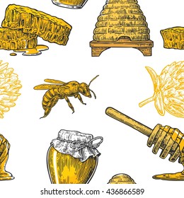 Honey Seamless Pattern. Jars, bee and honeycomb. Hand drawn design element. Vector engraved illustration. Isolated on white background.