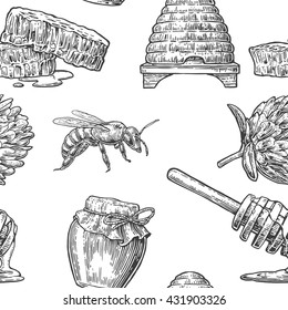 Honey Seamless Pattern. Jars, beer and honeycomb. Hand drawn design element. Vector engraved illustration. Isolated on white background.