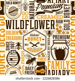 Honey seamless pattern, logo and packaging design elements for apiary and beekeeping  products, branding and identity. Vector honey icons, bees and jars.