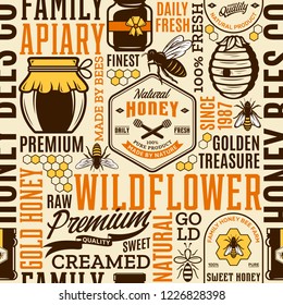 Honey seamless pattern, logo and packaging design elements for apiary and beekeeping  products, branding and identity. Vector honey icons, bees and jars.