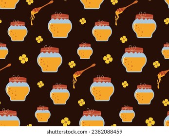 Patrón sin soldadura de miel, sobre un fondo marrón. Ilustración vectorial de un frasco con miel, una flor y una cuchara de miel. Para textiles, papel de envoltura, papel pintado.