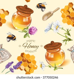 Honey seamless pattern with wild flowers and bumblebee. Background design for honey products, farmers market, grocery,homeopathy,honey cosmetics and spa treatment. Vector illustration