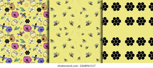 Honey seamless pattern.Cartoon bees, honey, flowers seamless texture set, hand drawn. Honey print for fabric, paper. Kids bee seamless pattern. Cute cartoon doodle bees, flowers, honey vector set