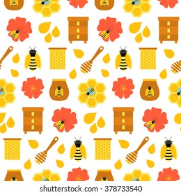 Honey seamless texture over white. Vector illustration of apiculture objects.