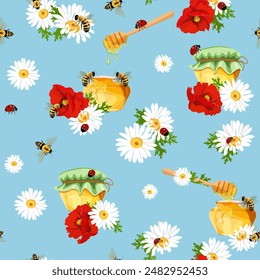 Honey seamless vector illustration. Chamomiles, poppies, jar of honey, bees on a blue background. For decoration textile, packaging.
