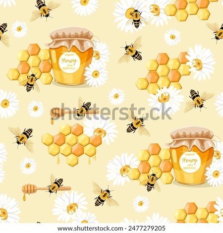 Honey seamless vector illustration. Chamomiles, jar of honey, bees. For decoration textile, packaging.