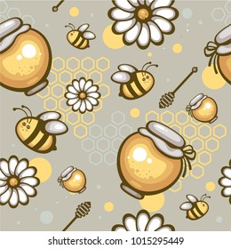 Honey seamless vector pattern with funny bee, glass jars, honeycomb and flowers. Template design for fabric, packaging and wrapping paper.