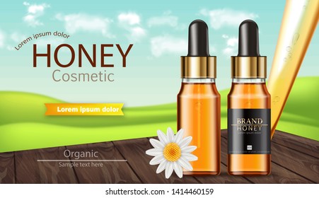 Honey serum bottle Vector realistic. Product placement mock up. Label design package. Nature background. 3d illustration