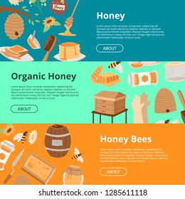 Honey set of banners. Cartoon honeycomb, bee, pod, flowers, pancake, honey jar vector illustration. Brochure, poster, flyer for business promote. Organic honey bees.