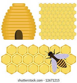 Honey set:  bee, beehive and honeycomb