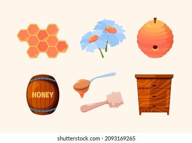Honey set. Bee honeycomb beeswax healthy tasty natural food nectar from insects liquid beauty transparent honey garish vector colored pictures