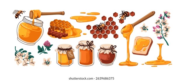 Honey set. Bee, honeycomb, jar and pot with natural apiary products. Honeybees, flowers, sweet nectar melting, dripping from spoon, comb, cells. Flat vector illustrations isolated on white background