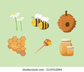 Honey set, beehive, honey jar, flower, spoon, honeycomb Vector set illustration