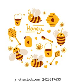 Honey set with bees, daisies, spoons, nectar, arranged in circle for unique postcard design, printing on clothes. Cute children's illustration in flat lay style with frandly honey bees