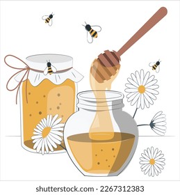 Honey set. Bees, honey in glass jar, wooden honey dipper, honey in metal spoon and flowers isolated on white background. Vector illustration of organic natural sweets in cartoon flat style