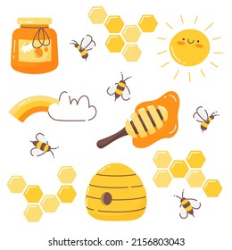 Honey set. Bees, honeycomb, beehive, sun, honey. Vector image on a white background.