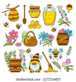 Honey Set . Bees, Honeycombs, Beehive, Flowers, Etc. Vector With An Editable Outline