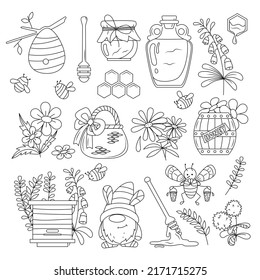 Honey Set . Bees, Honeycombs, Beehive, Flowers, Etc. Coloring Book With An Editable Outline.